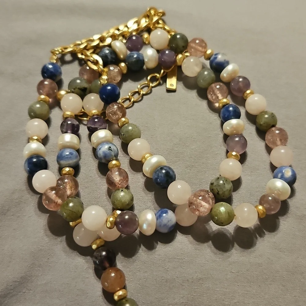 WHITE HOUSE BLACK MARKET Mixed Gemstone Wishbone Chain Tassel Pendant Necklace